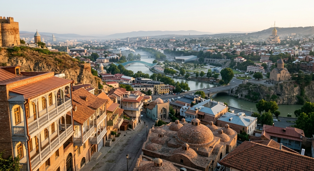 View from Narikala Fortress overlooking the historic center of Old Tbilisi at sunrise