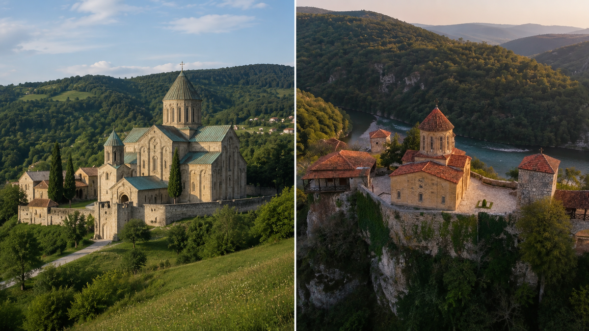 two famous Georgian monasteries near Kutaisi, Georgia — Gelati Monastery and Motsameta Monastery