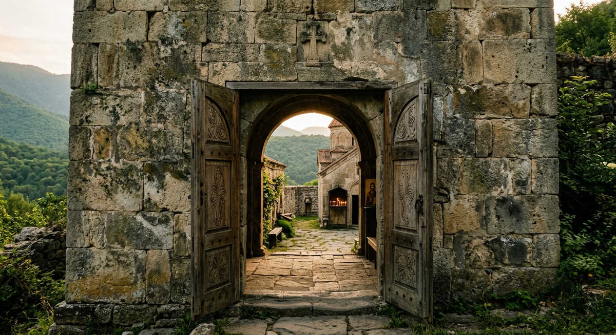 Massive old stone walls, centuries-old wooden doors with traditional Georgian patterns, a small cross above the entrance