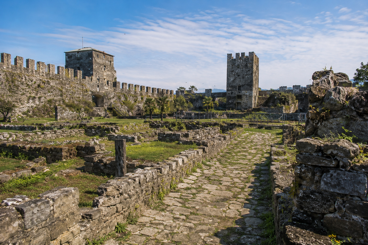 inside Gonio-Apsaros Fortress, Georgia, ancient Roman walls and stone towers surrounding an archaeological site