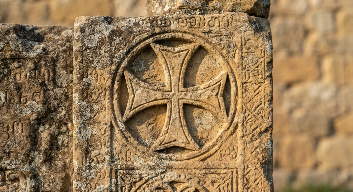 Georgian stone cross carved into medieval sandstone