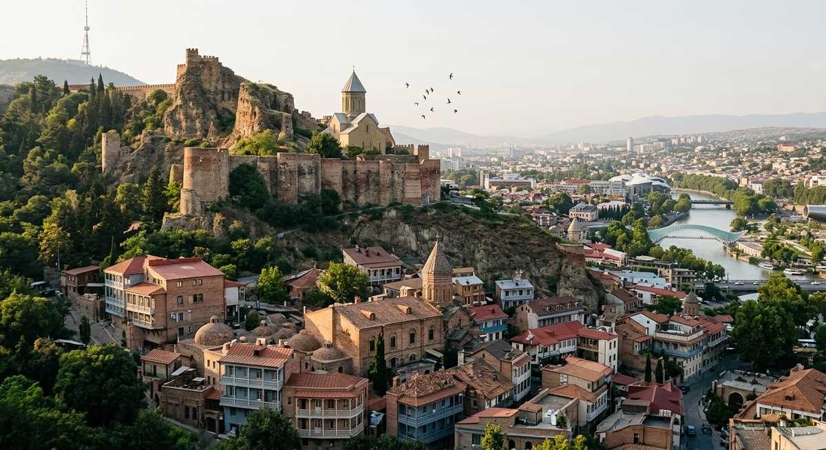Narikala Fortress overlooking Old Tbilisi, photographed from the historic Metekhi Church