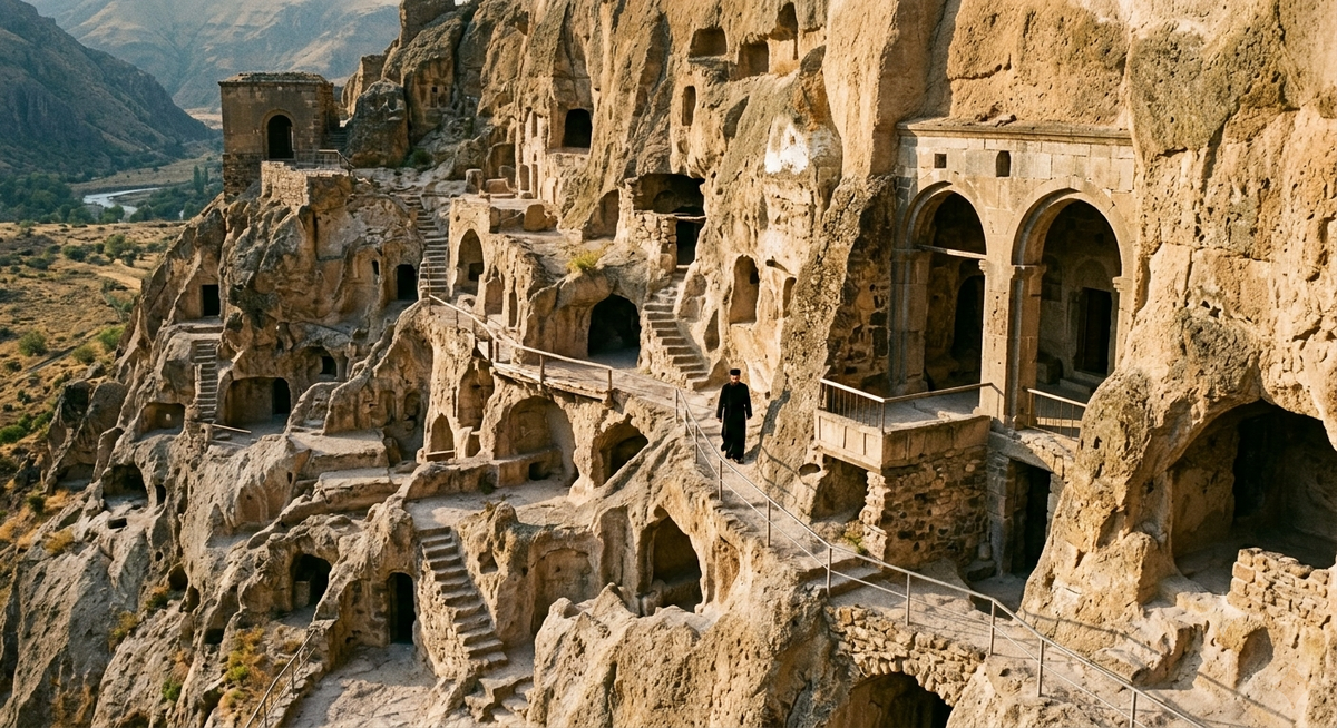 Vardzia Cave Monastery showing multiple levels of interconnected cave dwellings carved into the vertical cliff