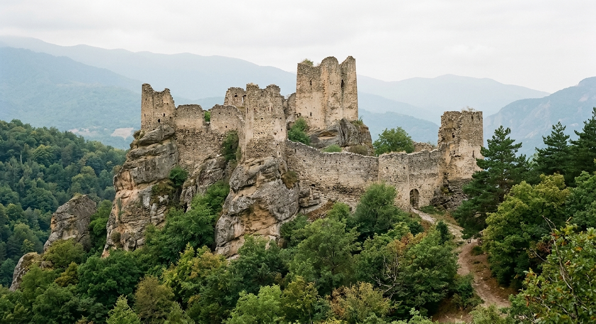 Birtvisi Fortress, Kvemo Kartli, Georgia, photographed from the real mountain trail overlooking the main defensive towers