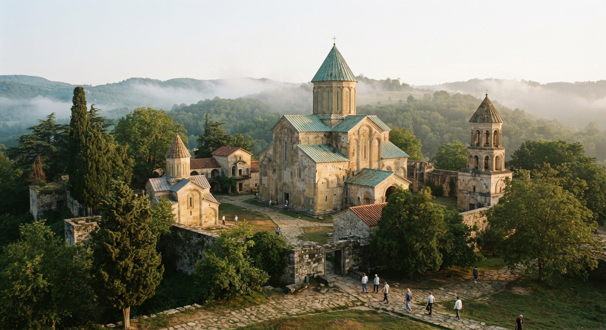 Gelati Monastery near Kutaisi, Georgia, photographed from the historic western approach at early morning