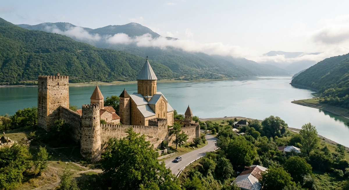 Ananuri Fortress photographed from the historic southern viewpoint above the Georgian Military Highway