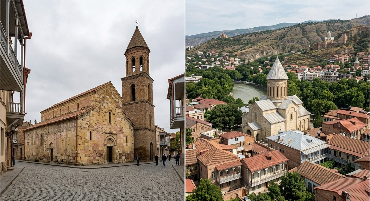 Old Tbilisi, Georgia, showing the historic neighborhood around Anchiskhati Basilica and Sioni Cathedral