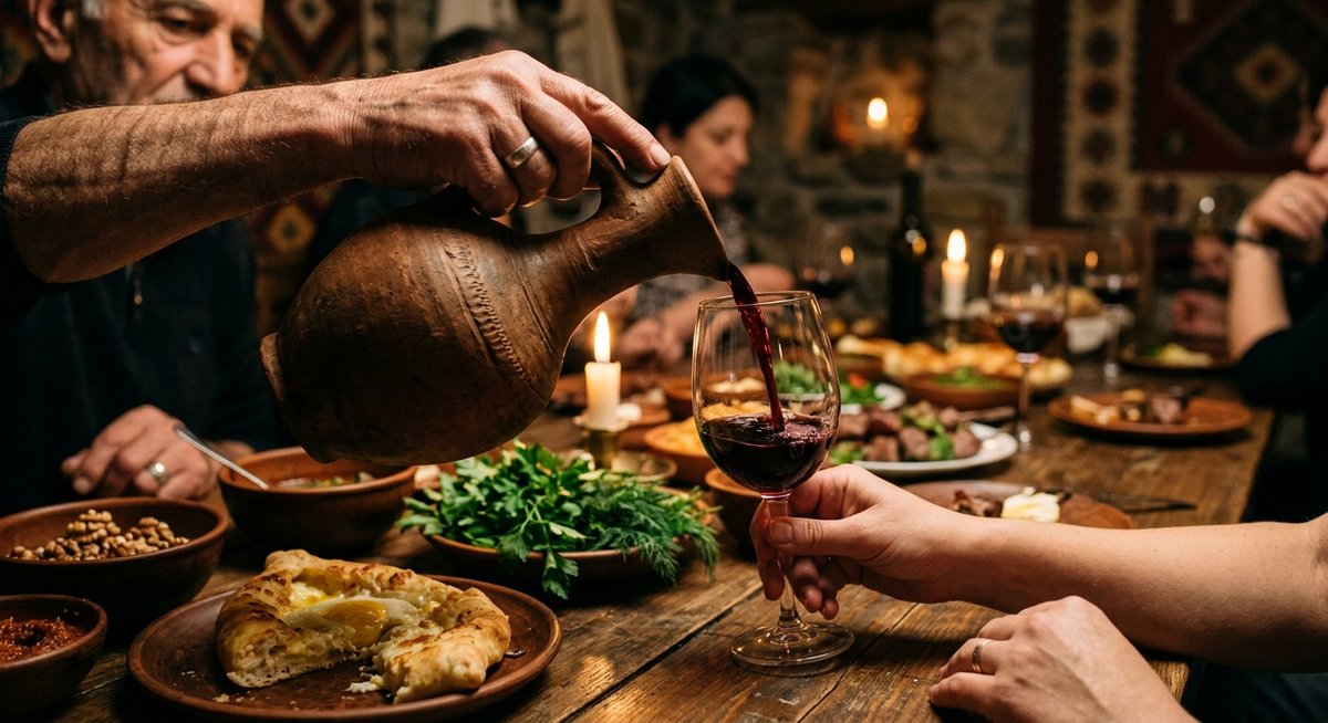 hand carefully pouring Georgian wine from a traditional clay jug into a glass