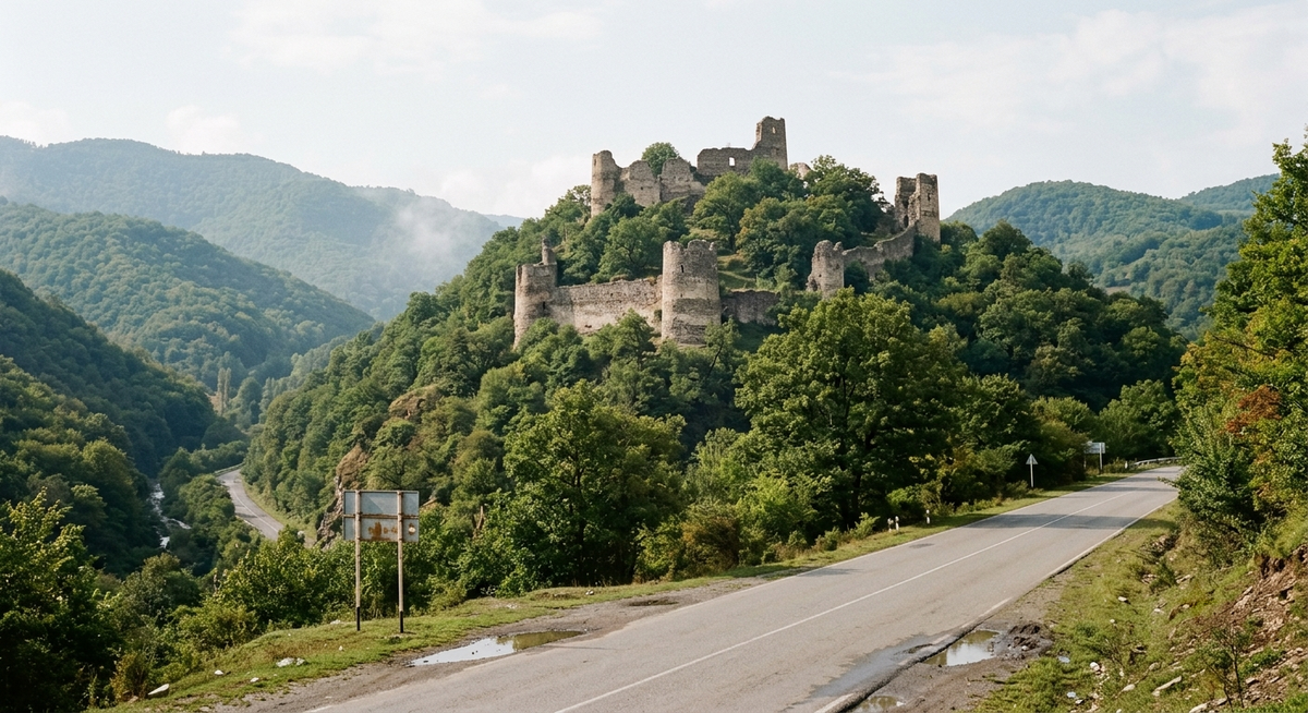 Ujarma Fortress rising above the Gombori road in eastern Georgia exactly as it appears today