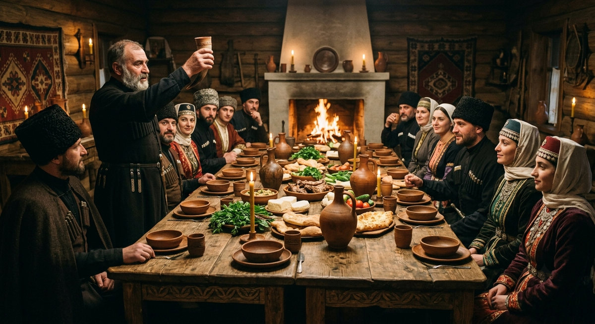 traditional Georgian feast in a rural village