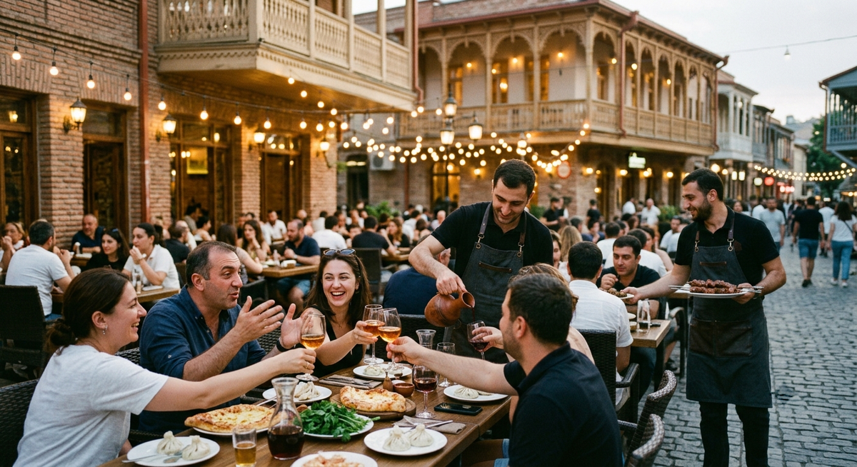 outdoor restaurant terrace in old Tbilisi during evening