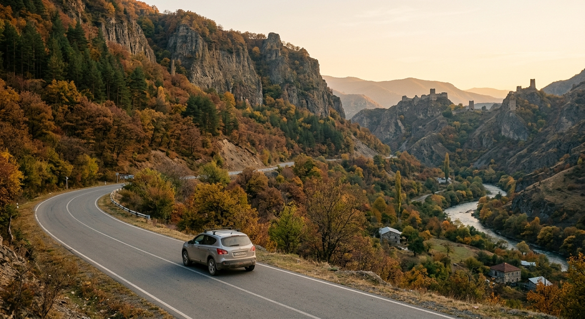 A quiet mountain road in southern Georgia during early autumn, winding through the Mtkvari River valley