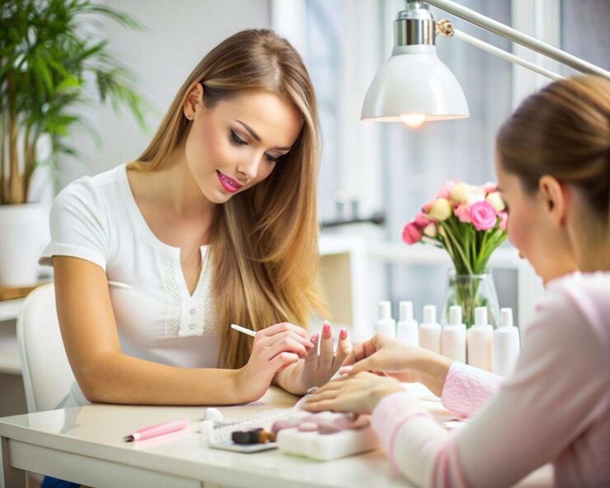 A beautiful young woman gets her manicure done