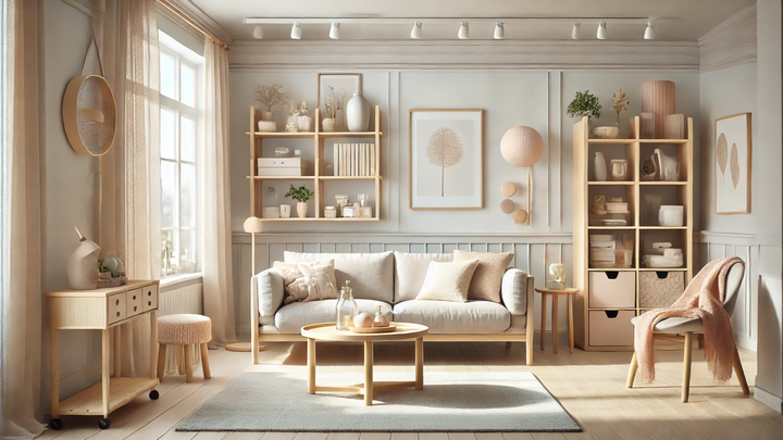 A beautifully designed IKEA-inspired interior of a cozy living room featuring light-colored furniture with a modern Scandinavian design.webp