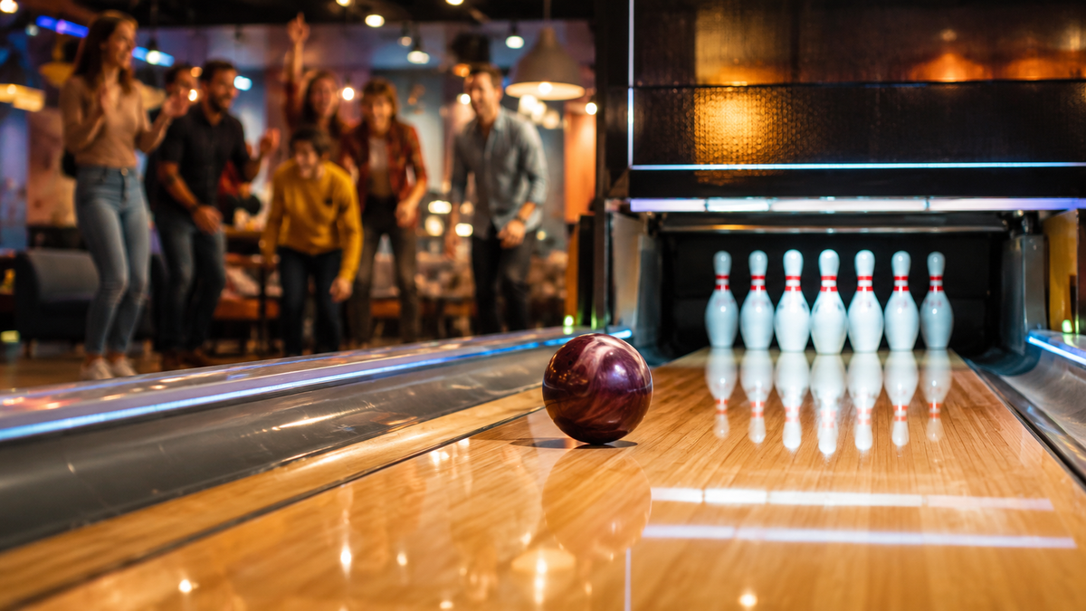 A bowling lane in a Batumi entertainment centre with a group playing.