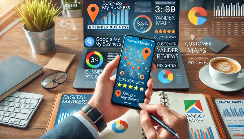 A business owner using a smartphone to optimize their Google My Business and Yandex Maps profiles. The phone screen displays business analytics, custo