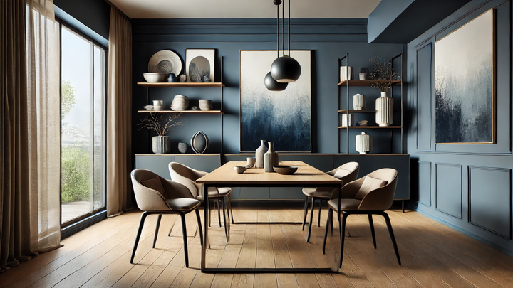 A chic IKEA-inspired dining room featuring a minimalist rectangular dining table with dark wood finish and modern chairs with beige cushions.webp