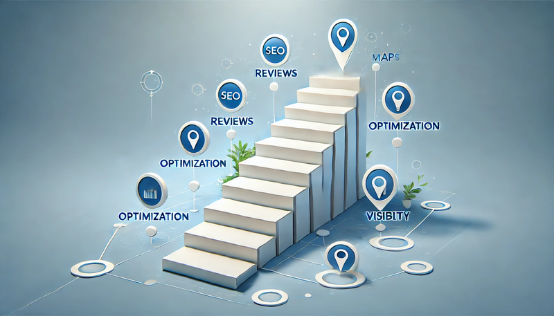 A clean and modern digital illustration showing a step-by-step guide concept with seven ascending steps leading to business success