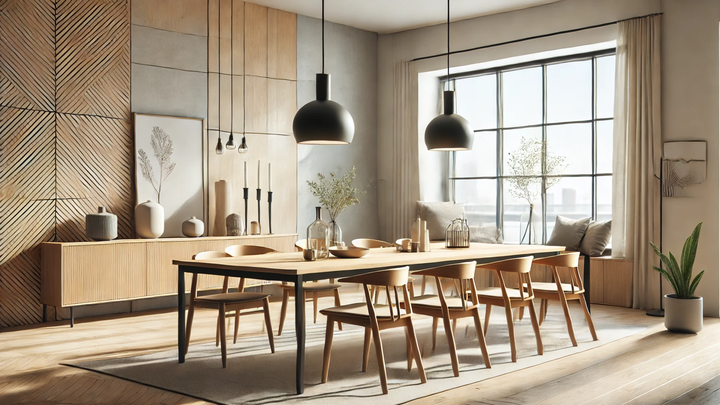 A contemporary IKEA-inspired dining room design featuring a wooden dining table, sleek chairs, and pendant lighting.webp