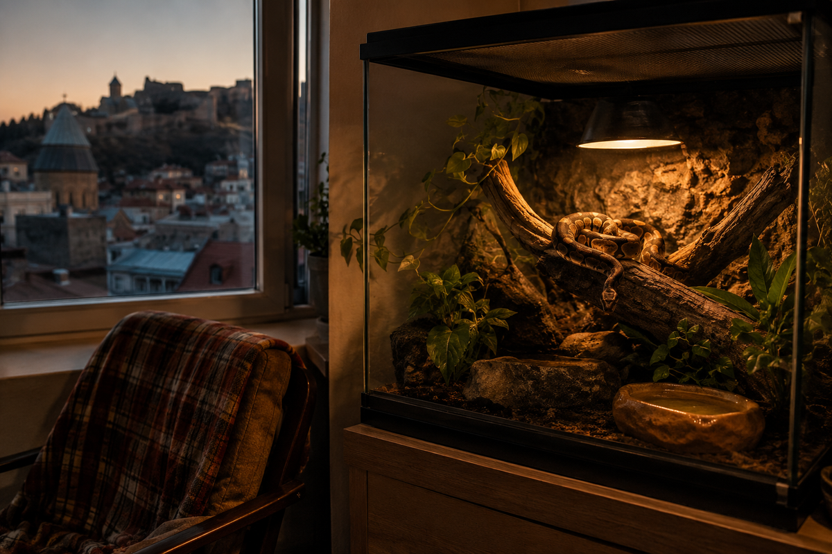 A cosy apartment corner with a glass terrarium