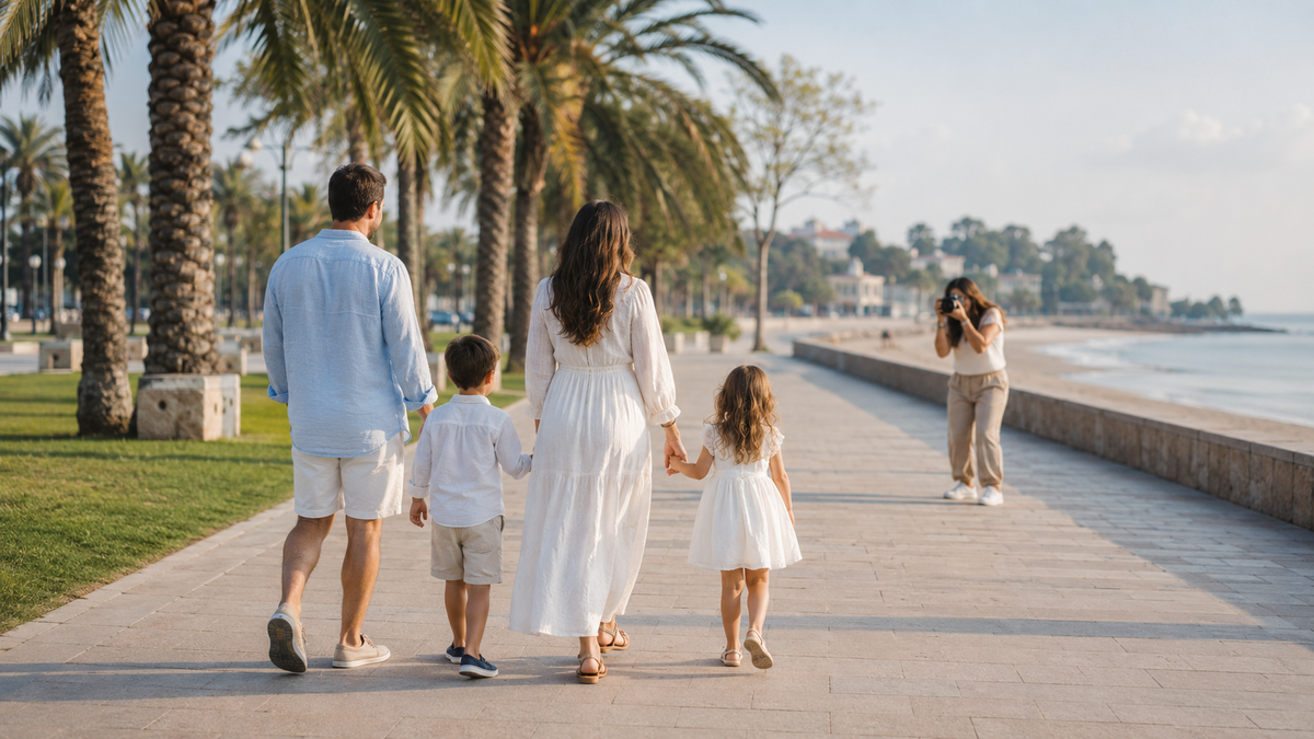 A family photo session on the Batumi seafront promenade.