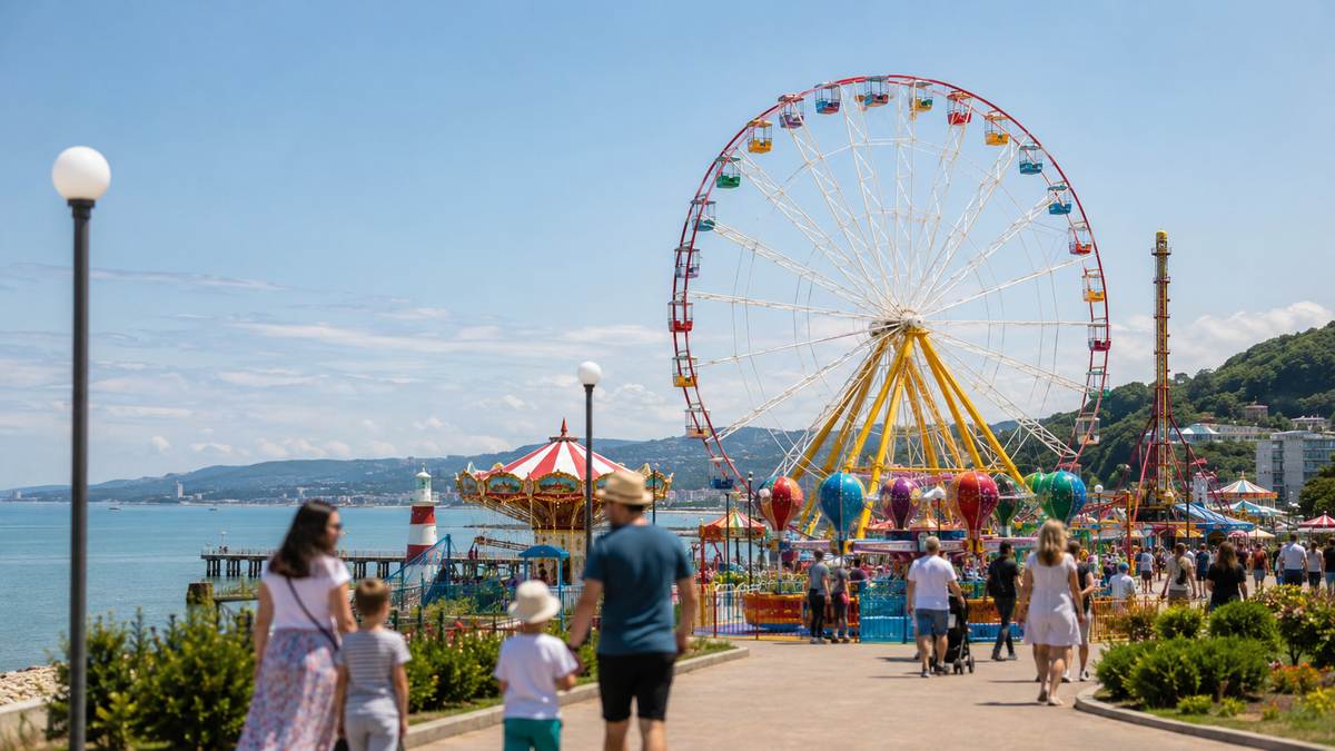 A family with children at a seaside amusement park in Batumi with a big wheel