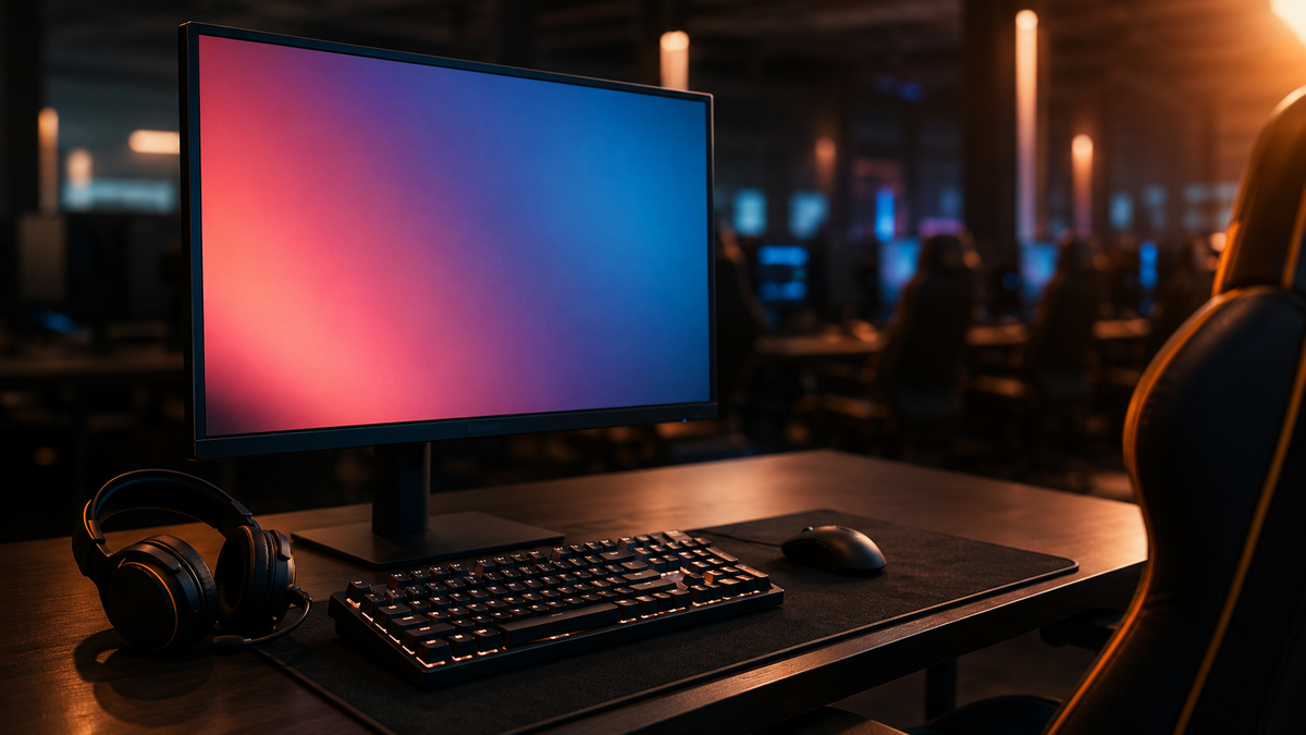 A gaming workstation with a monitor, keyboard and headset in a computer club.