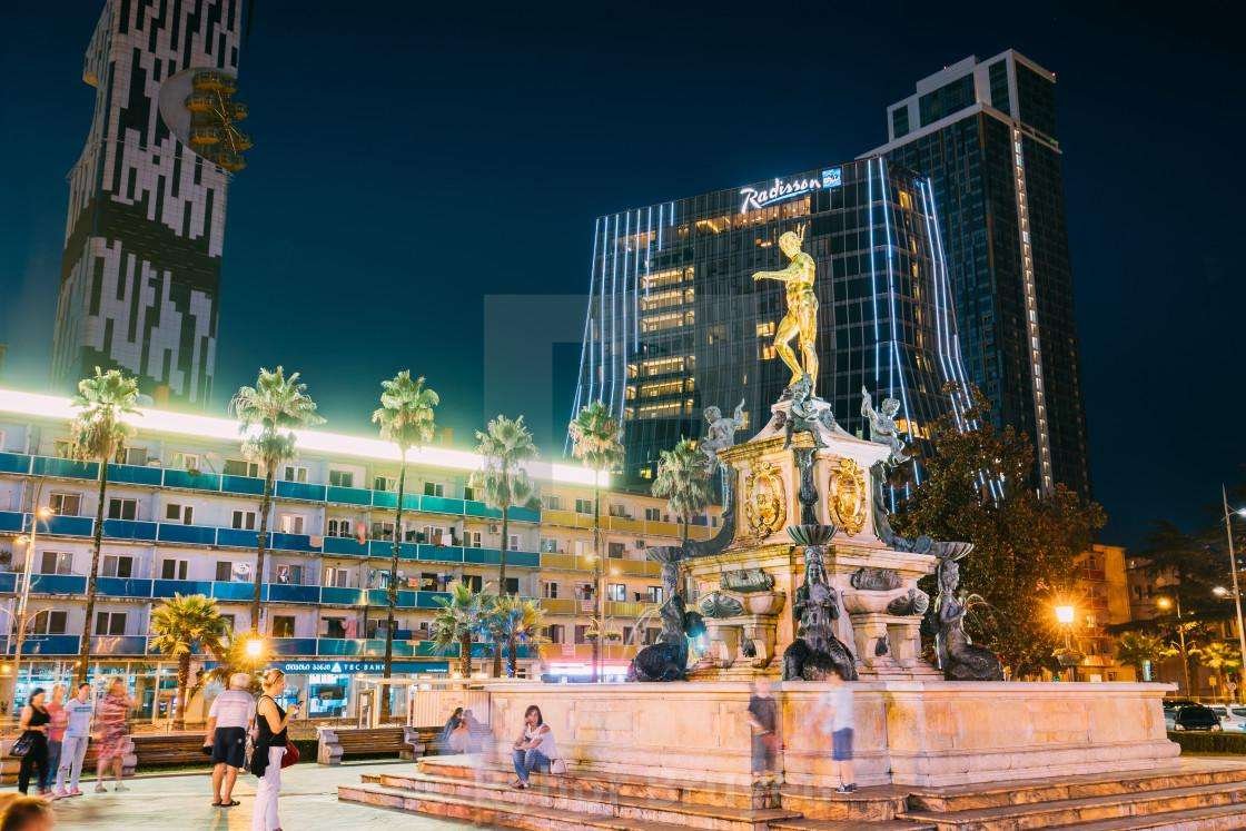 A general view of the Neptune Fountain in Batumi at night