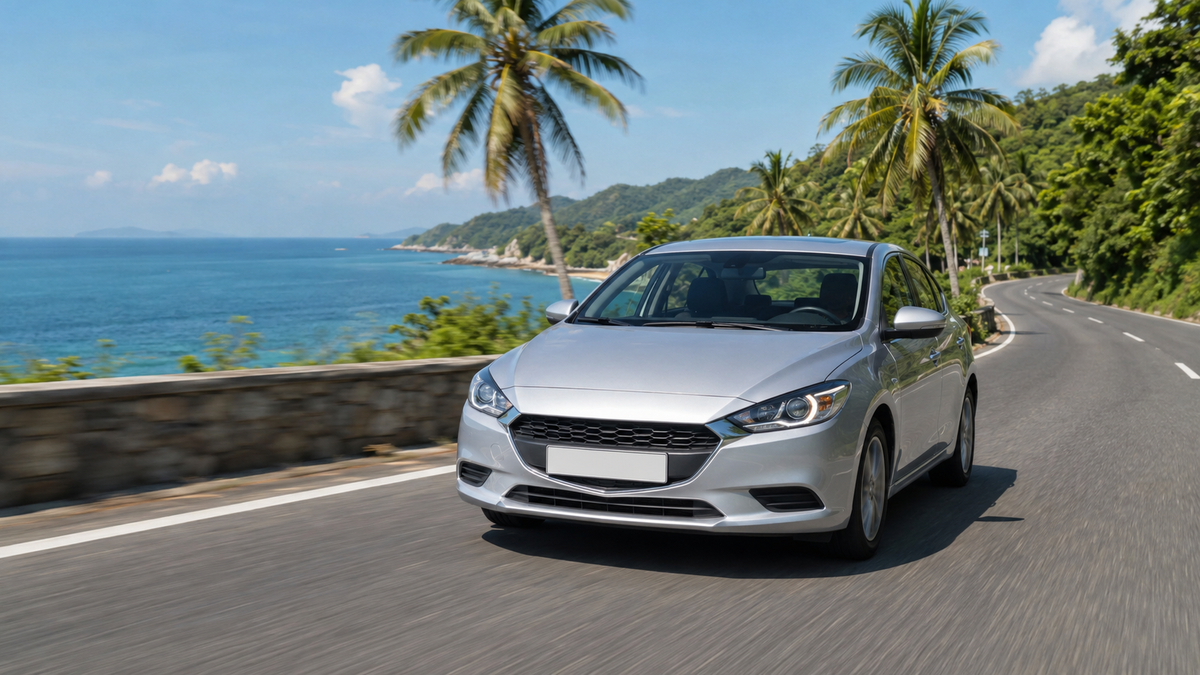 A hire car on the coastal road near Batumi with the sea alongside