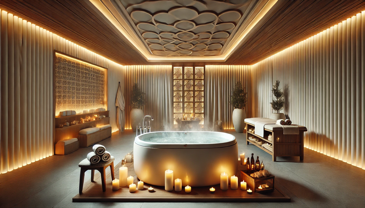 A luxurious spa interior in Tbilisi, showcasing a modern and serene ambiance. The room features a large hydrotherapy bathtub with steaming water, surr.webp