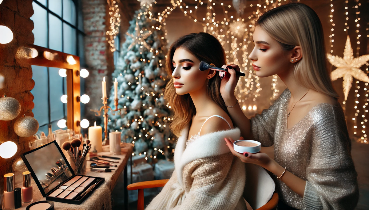 A makeup artist applying festive New Year&#x27;s makeup to a young woman in a beautifully decorated salon.webp