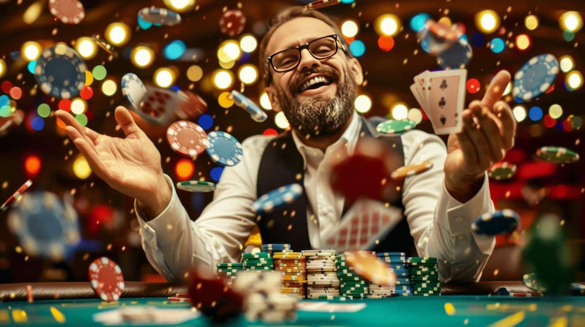 A man celebrates winning at a casino