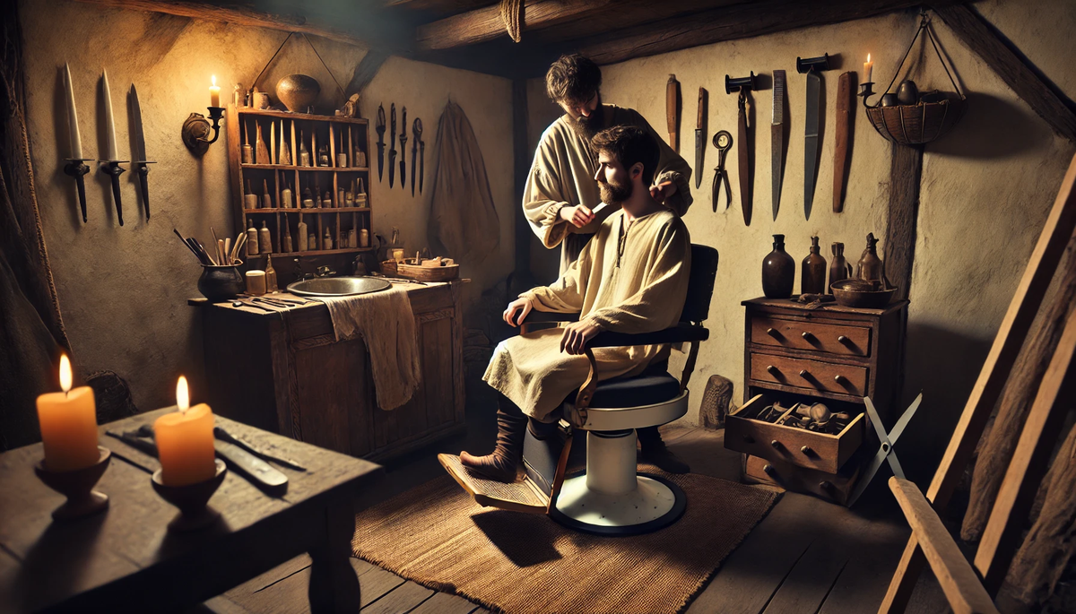 A medieval barbershop scene, with a barber in traditional attire working in a small, rustic room filled with wooden tools and simple furnishings.webp