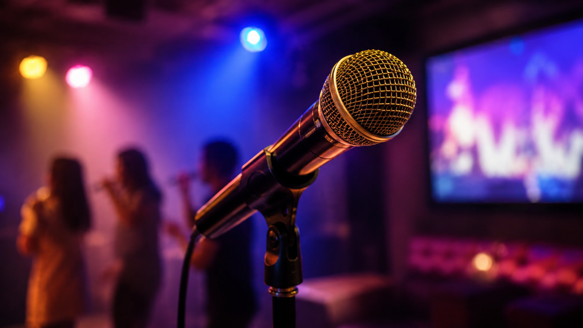 A microphone on a stand in front of a karaoke stage with colourful lights.