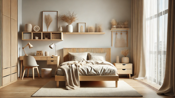 A modern IKEA-inspired bedroom interior with a comfortable bed featuring a light-colored duvet, a wooden bed frame, and matching bedside tables.webp