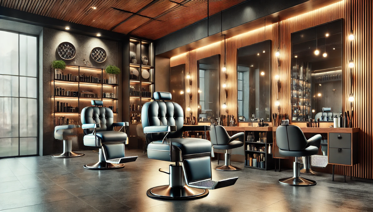 A modern barbershop with a contemporary design, featuring stylish chairs, large mirrors, and a sleek, upscale interior.webp