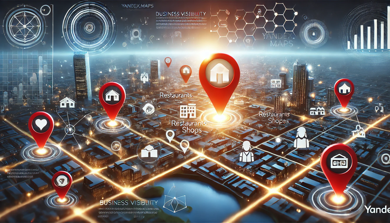 A modern digital marketing concept featuring a city map with location pins and business icons representing different industries (restaurants, shops)