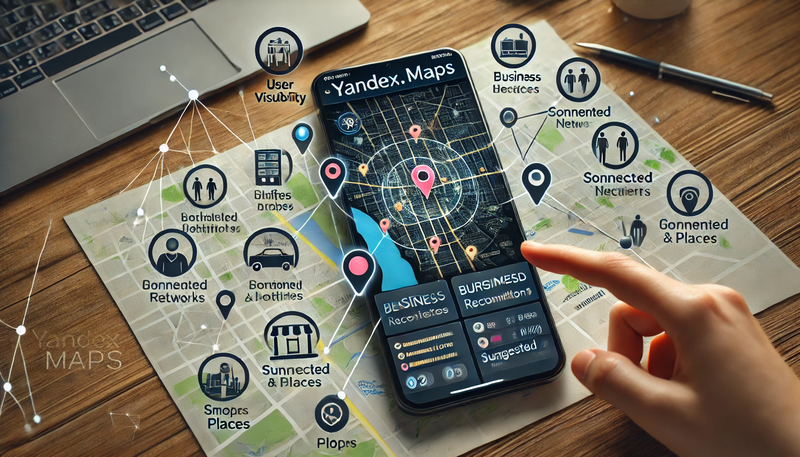 A modern digital marketing concept illustrating personalized business recommendations on a map. The image should show a smartphone screen with a Yandex