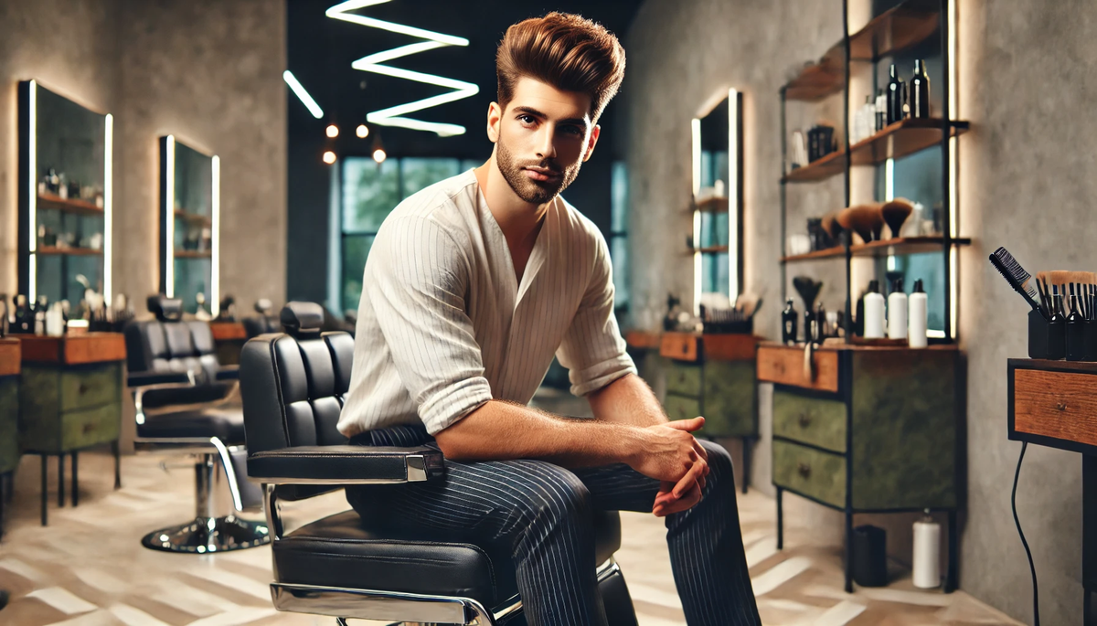 A modern man with a stylish haircut sitting in a contemporary barbershop. The background includes high-quality equipment, clean and sleek design eleme.webp