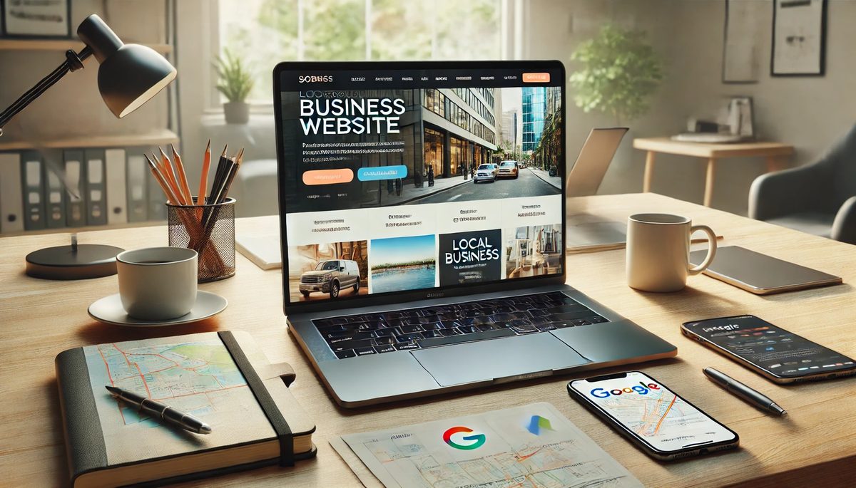 А modern workspace featuring a laptop displaying a professional business website. The screen shows a sleek, responsive web design.webp