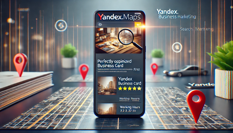 A perfectly optimized Yandex Business card ranking first in search results. The image should display a smartphone screen with the Yandex