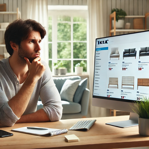 A person sitting at a desk, looking at a computer screen with various IKEA furniture options displayed.webp