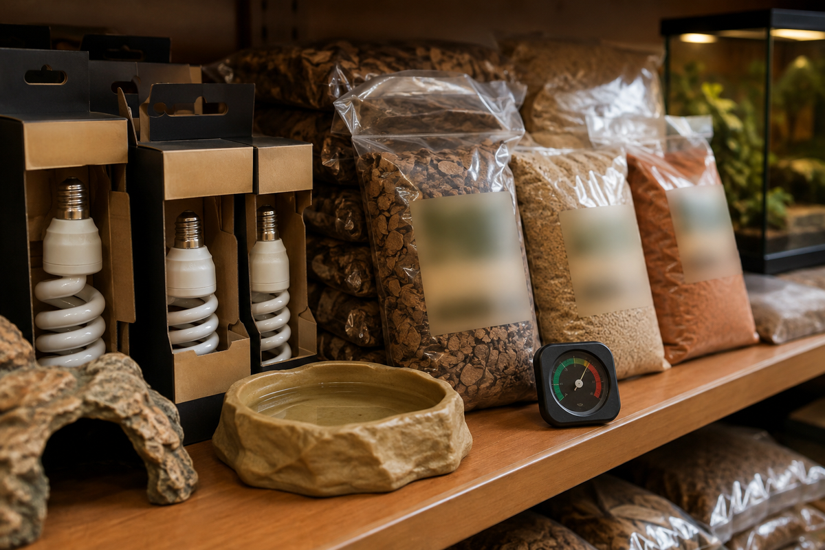 A pet shop shelf close-up with terrarium supplies