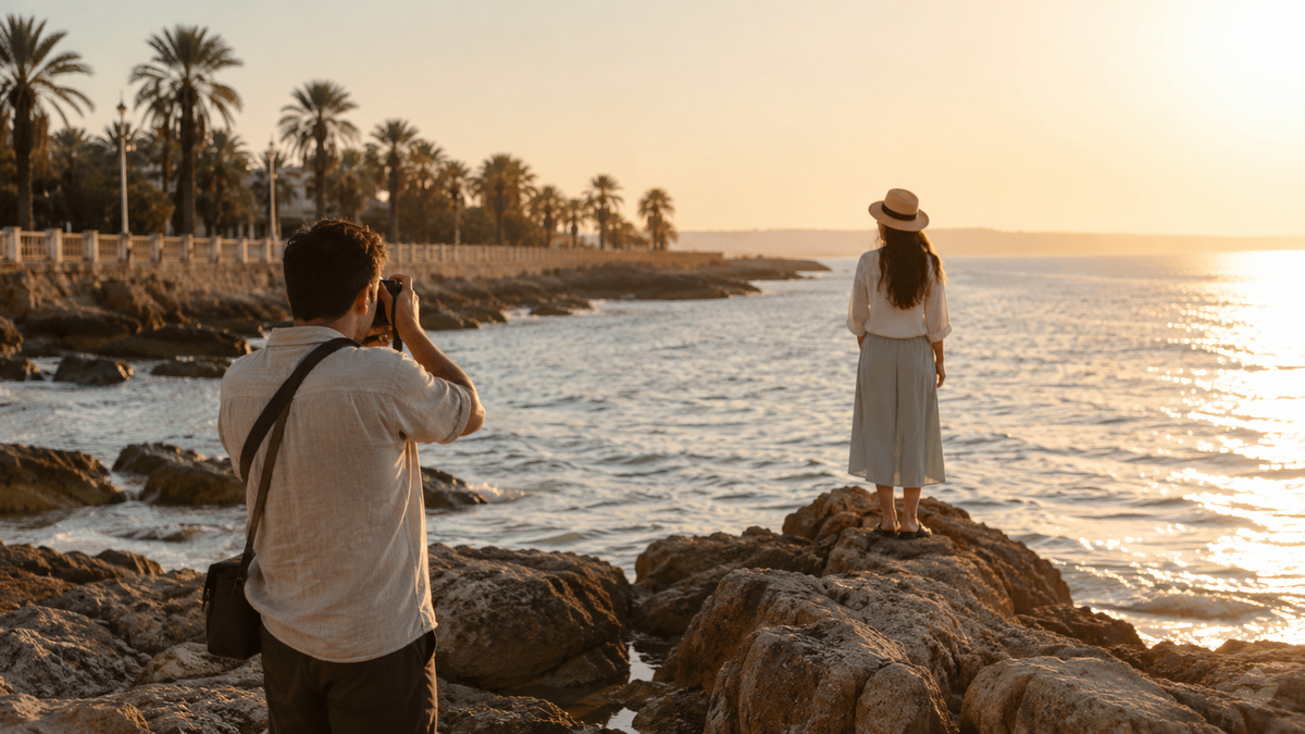 A photo session on the rocks by the sea in Batumi at golden hour.