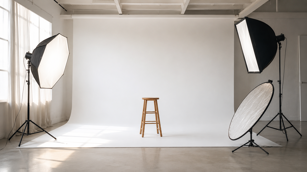 A photo studio hall in Batumi with softbox lighting and a white cyclorama.