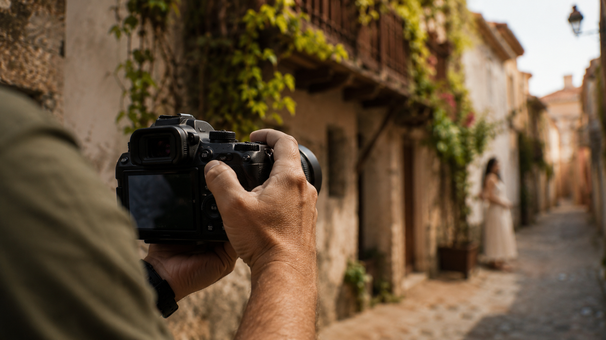 A photographer at work in an old-town street in Batumi.