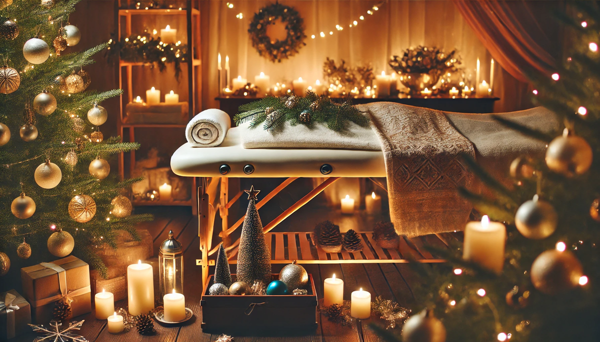 A relaxing spa massage session in a festive pre-New Year setting. The room is softly lit by candles, with pine branches and other Christmas decoration.webp