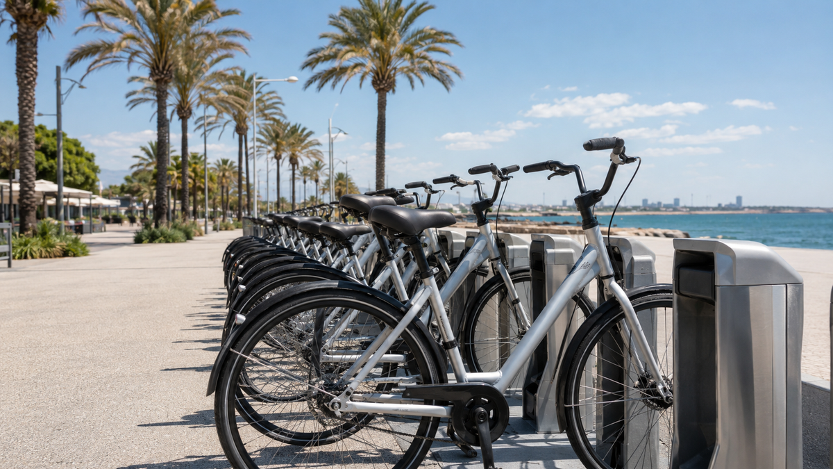A row of city bikes in a docking station on the Batumi seafront.