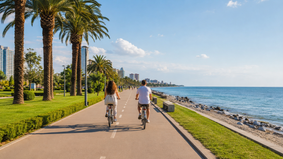 A seaside cycle path in Batumi with cyclists riding past palms.