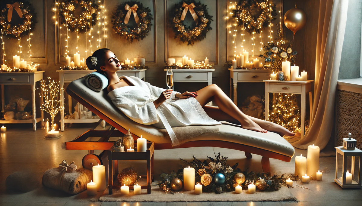 A serene spa room decorated with Christmas attributes such as candles, wreaths, and subtle fairy lights. A woman, elegantly dressed in a spa robe, is .webp